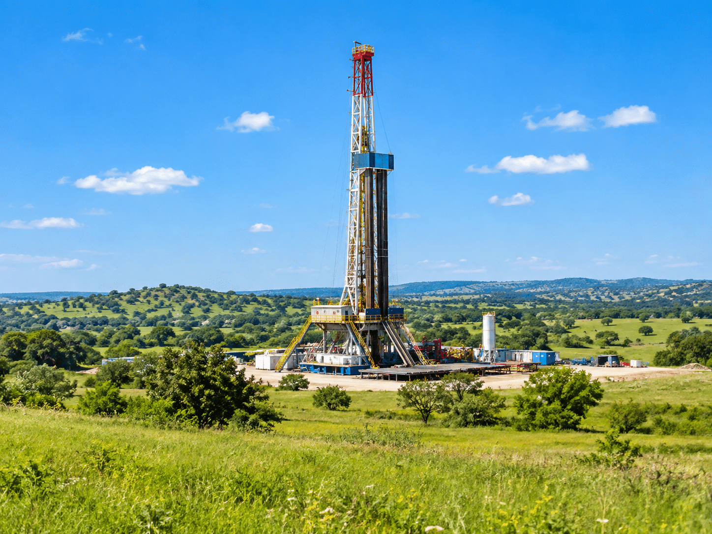 Drilling rig beneath a sunny blue sky in green Texas countryside