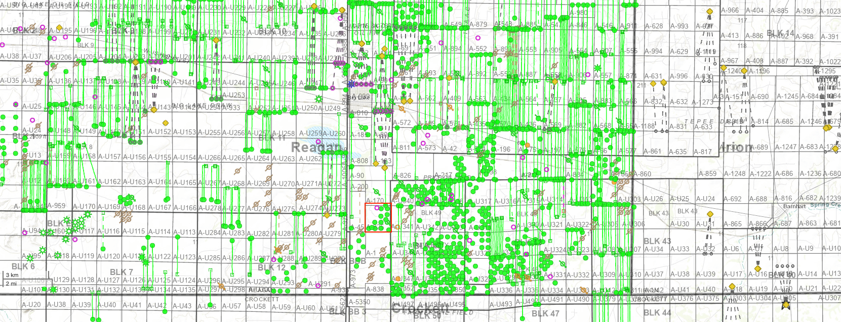Listing 401292: Chico Young area map showing surrounding oil and gas wells near Big Lake, Texas